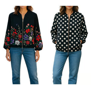 Chicos Reversible Bomber Jacket Womens 12/14 Black Floral Polka Dot Silky Zip Up